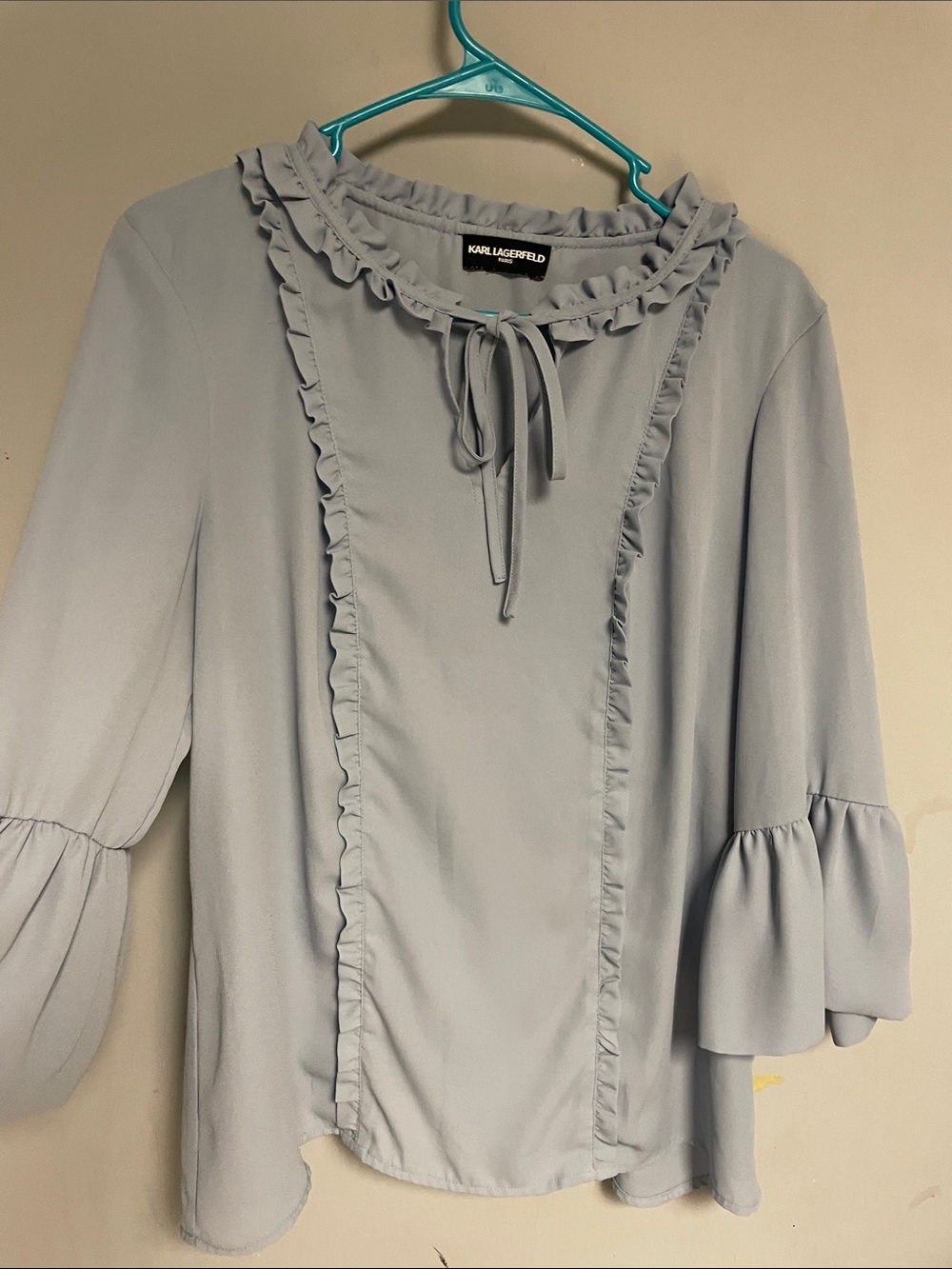 Karl Lagerfeld Pale Blue Ruffle Tie-Neck Blouse